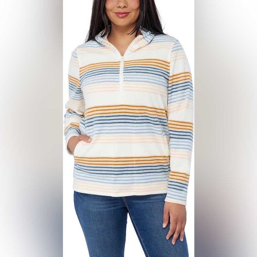 Women's O'Neill Fleece Striped Hooded Half Zip Pullover Large Casual Cozy Warm